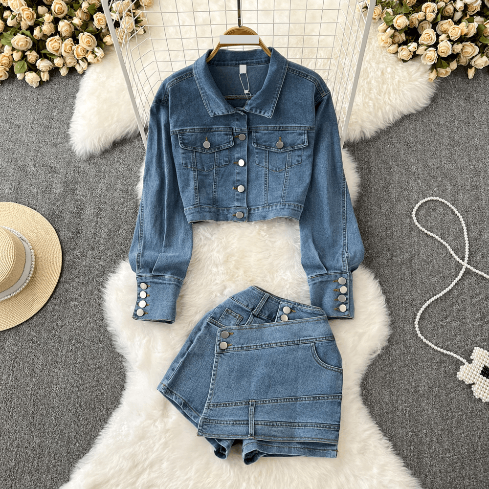Women's Clothing loose bf high waist short denim jacket two piece suit high waist slim skirt pants