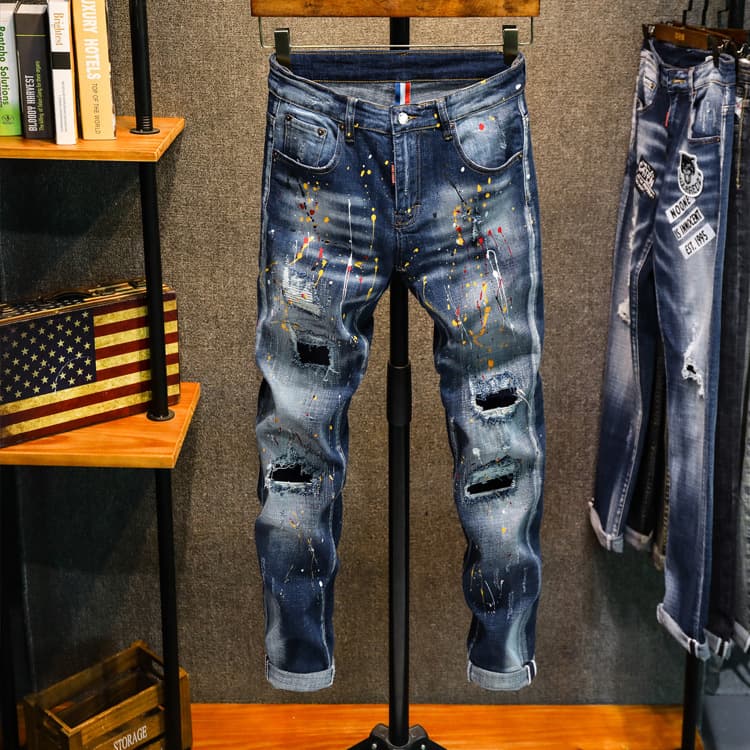 Men's Jeans Slim Fit Elastic Distressed Printed Straight Leg Long Pants
