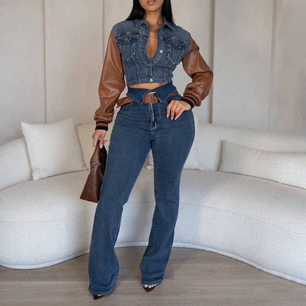 Women's Clothing Denim Suit Leather U Denim Stitching Stretch Trousers