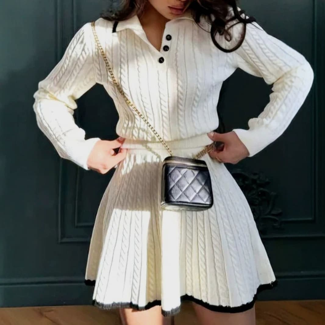 Knit Sweater & Twist-Knot Skirt Set – Casual Acrylic Coordinated Outfit (4 Sizes, Cream)