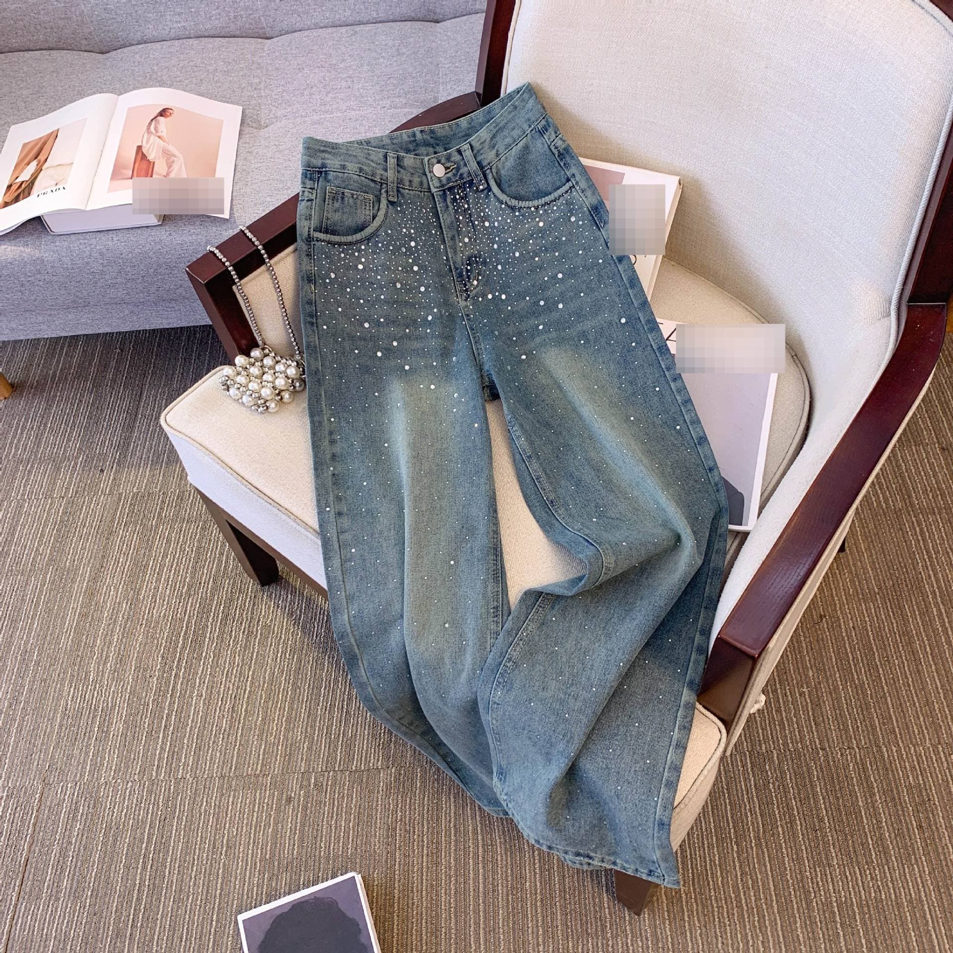 Glitter Rhinestone Wide-Leg Jeans For Women - Sparkly Blue Distressed Denim Palazzo Pants (XS-XXL)