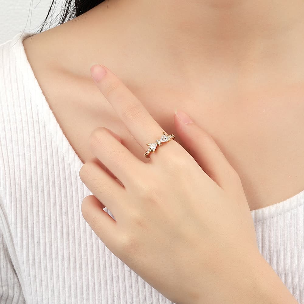Gold bow ring metal copper plated real gold inlaid zircon open ring