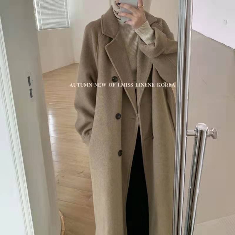 Winter Women's Double-Breasted Wool Blend Coat, Slim Fit, Mid-Length Trench Coat, Chenille Fabric, Elegant Solid Color, Business Casual Outerwear