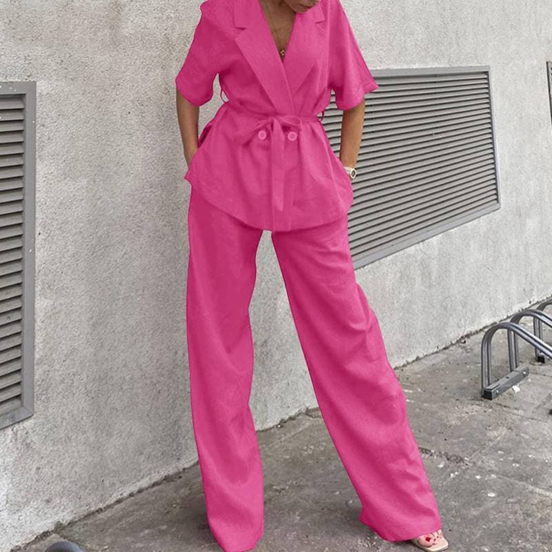 Women's Clothing Fashion Suit Cotton And Linen Short Sleeve Long Pants Two Piece Suit Belt Design Casual