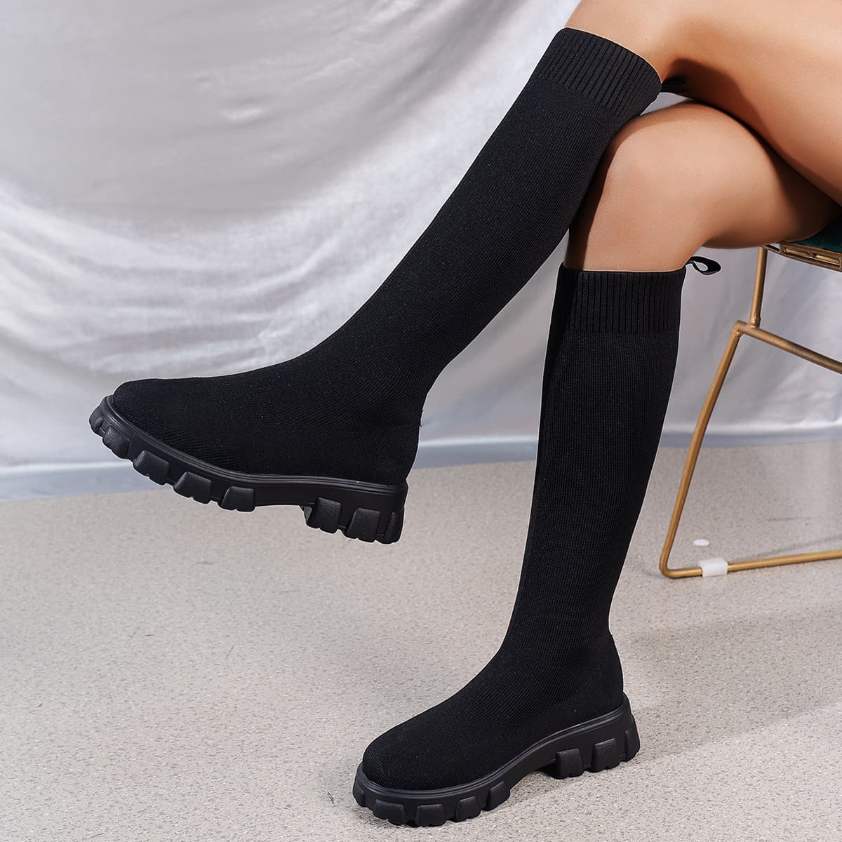 SHLIANG Thick Sole Knitted Long Boots for Women Fashion Elastic Socks Shoes Boots Over Knee Round Toe Low Heels Botas De Mujer SB204