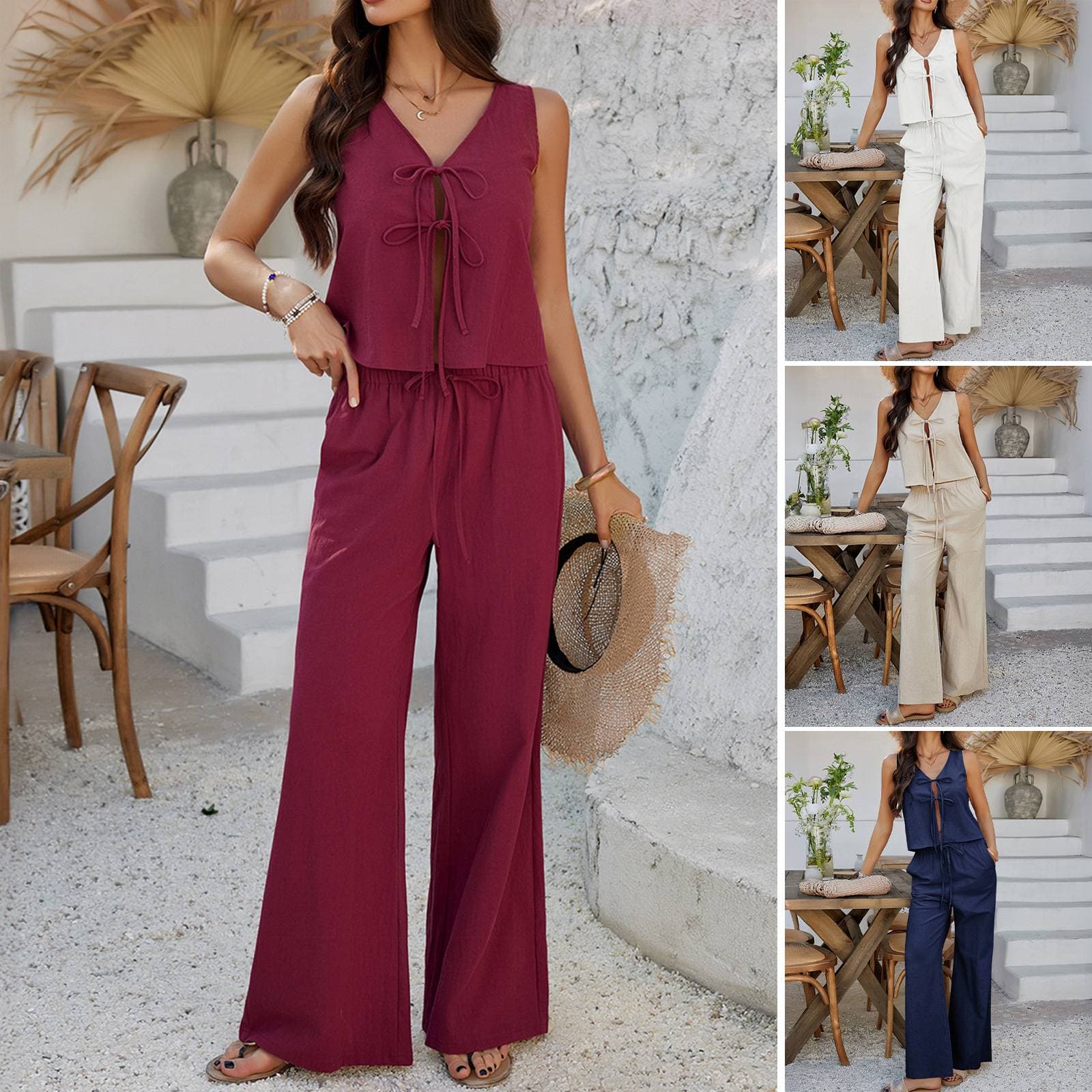 Spring And Summer Women's Casual Holiday Style Solid Color Sleeveless Lace-up Top Wide-leg Trousers Suit