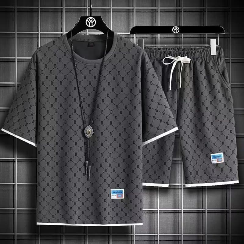 Men's Graphic Print Short Sleeve Set - Matching T-Shirt & Athletic Shorts | Summer Casual & Gym Wear