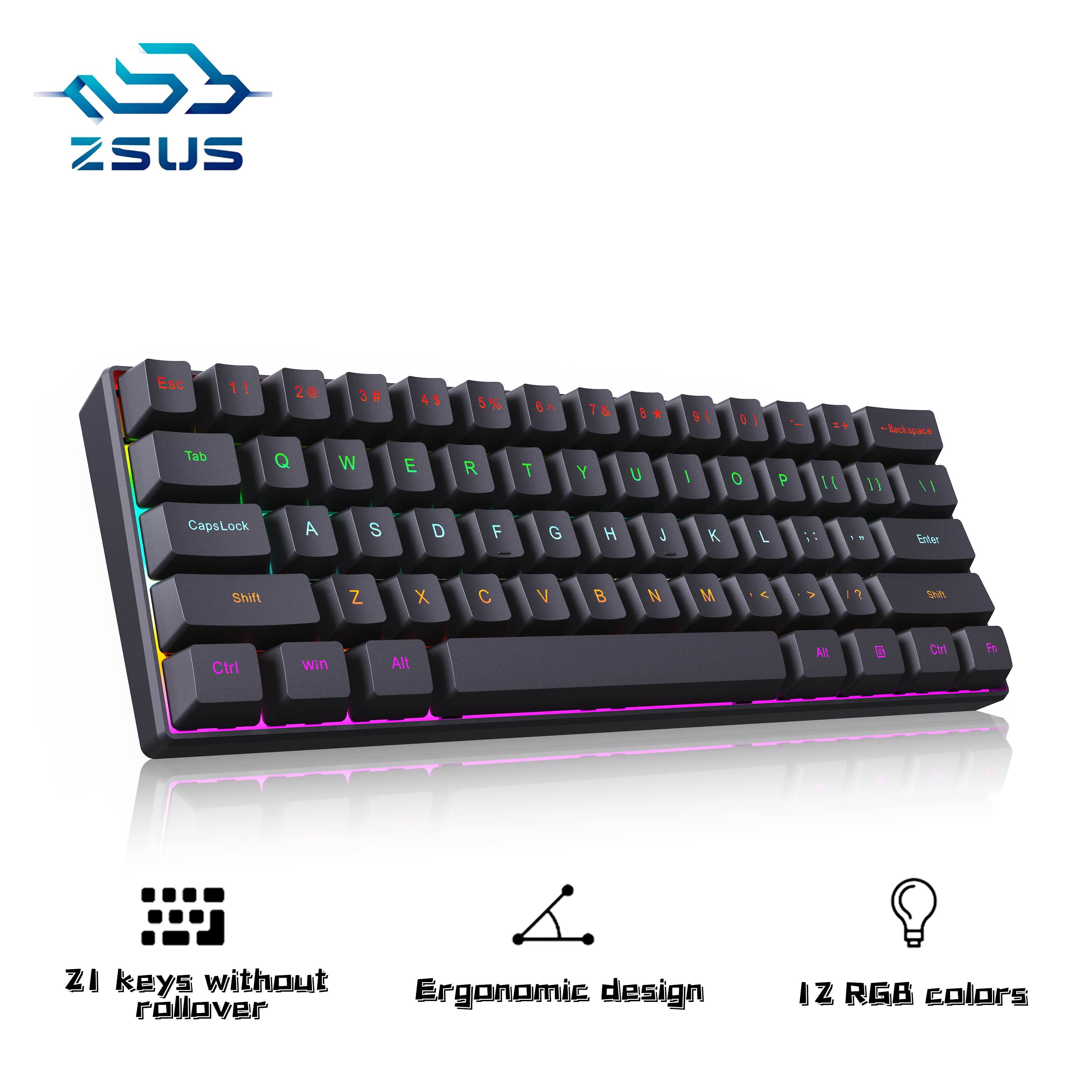 ZSUS Z61-B USB Gaming Mechanical Mini Keyboard Red Switch RGB Backlit 61 Keys Wired Feel For Game/Office