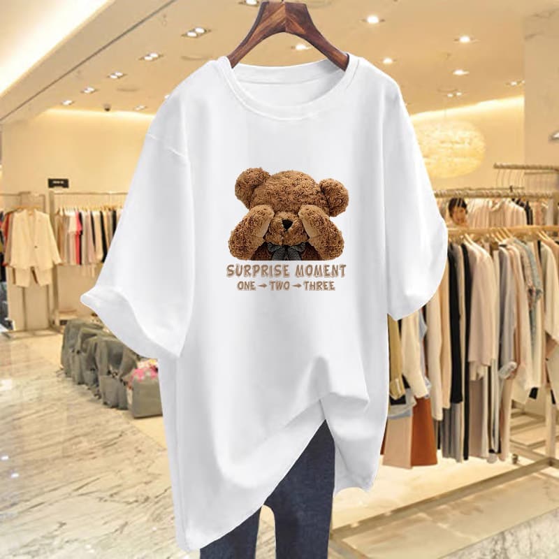 Women's Clothing Pure Cotton Bear Print T Shirt Short Sleeved Loose Versatile Tops