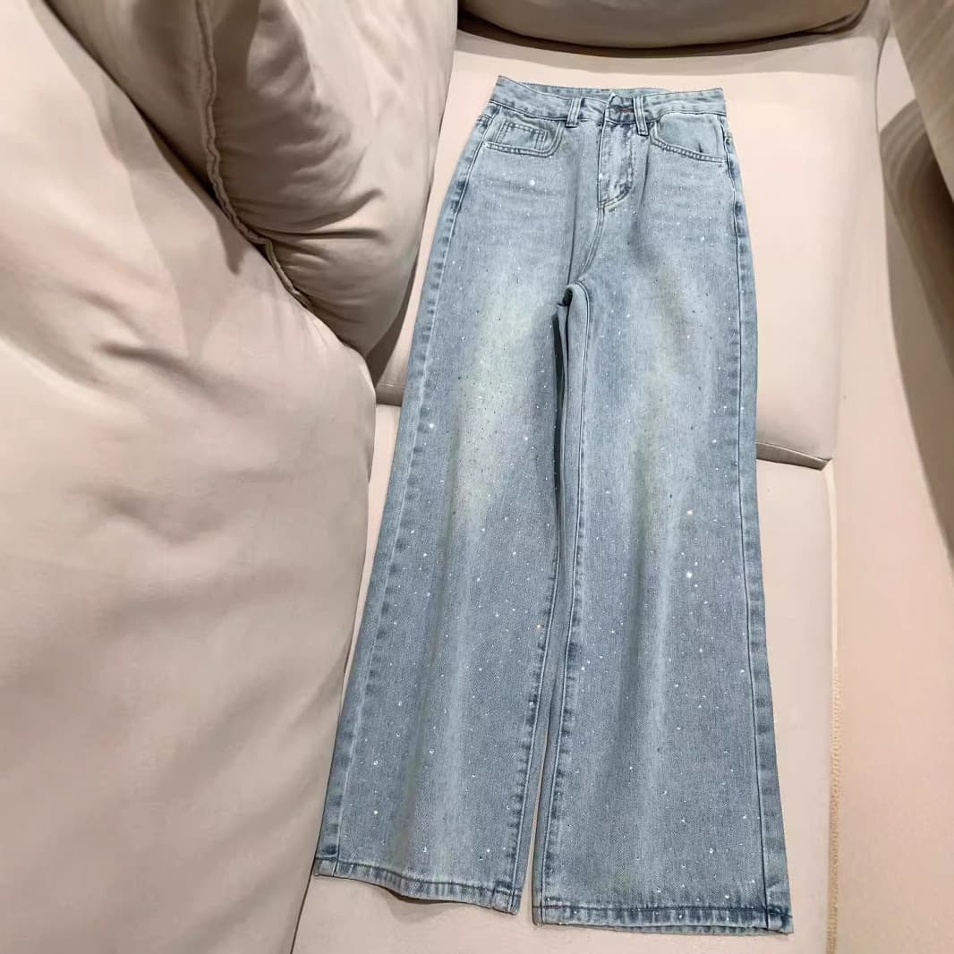 Women's Clothing Summer New High Waist Loose Slim Hot Diamond Heavy Straight Pants