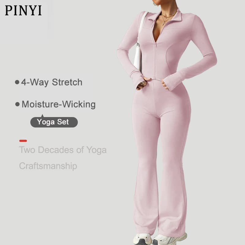 Women's Solid Color Long Sleeve Zip-Up Activewear Set With High-Waisted Flared Leggings & Quick-Dry Yoga Outfit