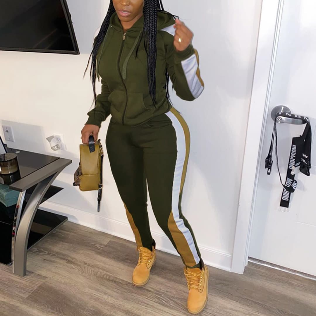 Women's clothing color block stitching casual hooded zipper jacket two piece set