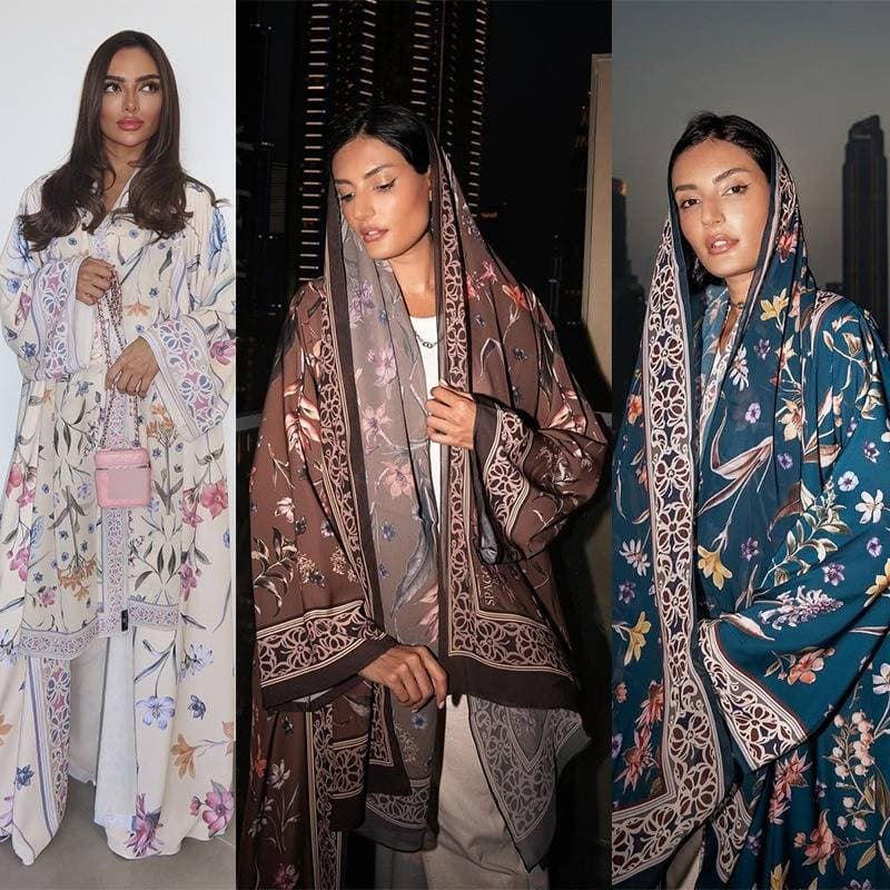 "MQI Floral Print Abaya Set With Scarf – Modest Long Sleeve Dress For Women, Middle Eastern Dubai Style, Polyester Blend, S-XXL