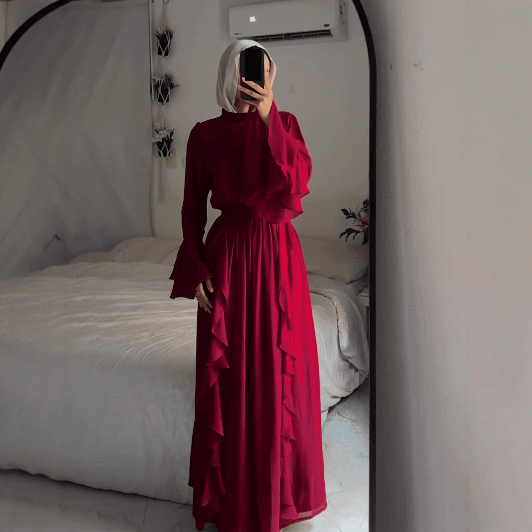 Women's Clothing Autumn New Chiffon Wood Ear Edge Stitching Chiffon Temperament Half High Collar Long Dress