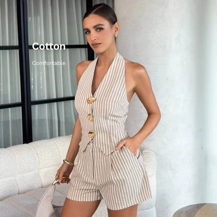 European American Foreign Trade 2026 V-neck Metal Buckle Halter Neck Backless Sleeveless Vest And Shorts Set