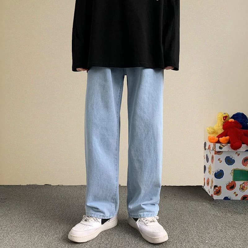 2024 Spring Streetwear Baggy Jeans Men Korean Fashion Loose Straight Wide Leg Hip-hop Pants Male Brand Clothing Black Light Blue