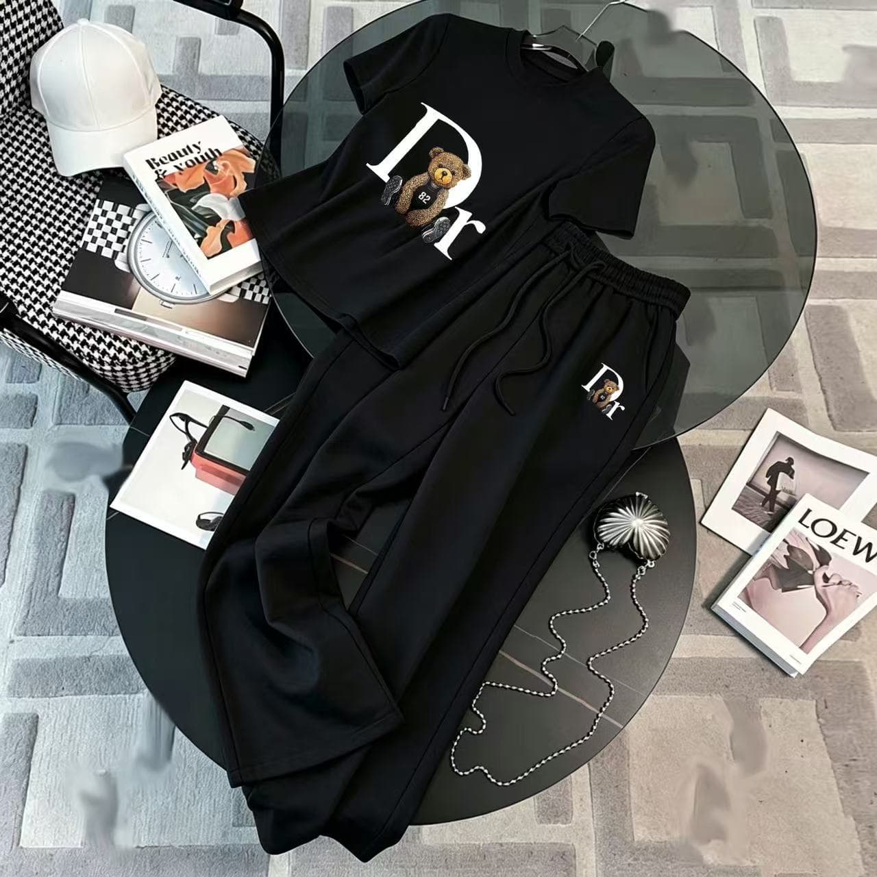 New 2026 Women's T-shirt+Wide Leg Sports Mid Waist Loose Drawstring Straight Pants Casual Set In Stock