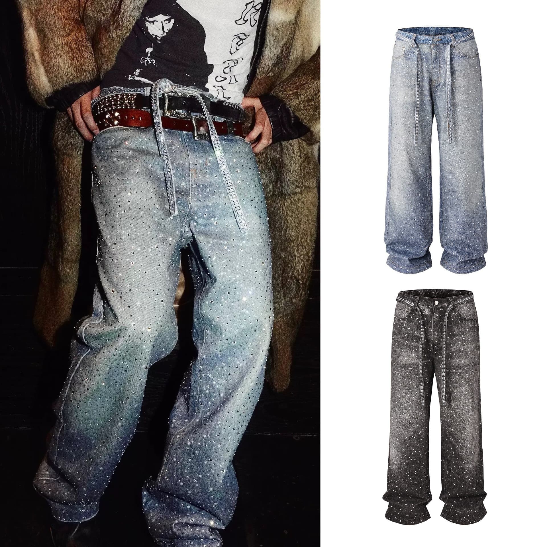 Men's Clothing High Street American Fashion Brand Heavy AC Style Full Diamond Ribbon Straight Jeans Men And Women Hip Hop Loose Design Trousers