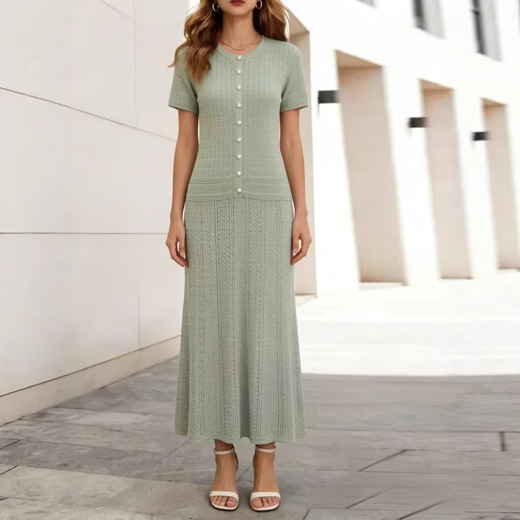 Women's French Style Openwork Knit Dress Round Neck Slim Fit Elegant Long Dress Pearl Button Detail For Autumn Winter High End Feel