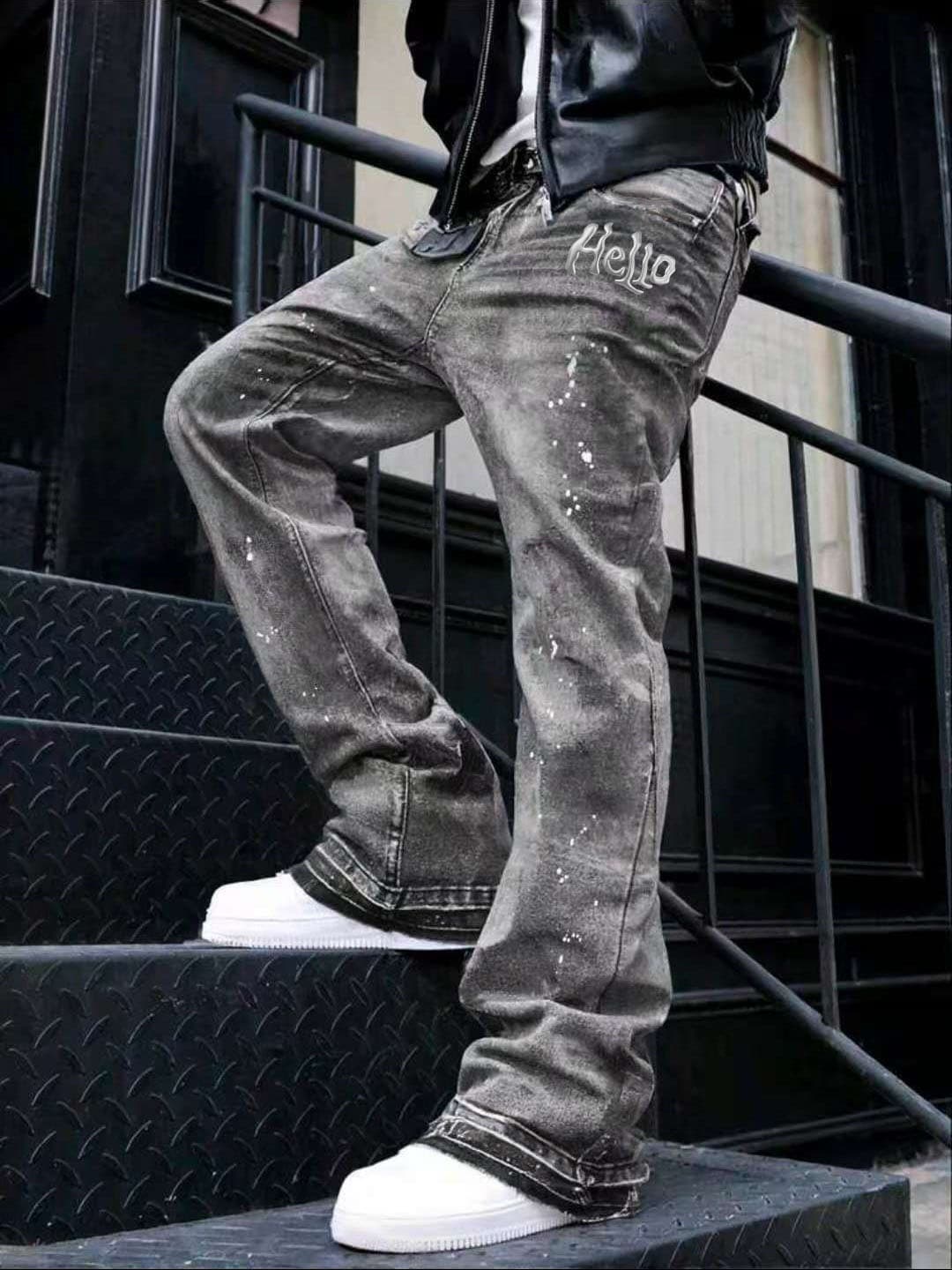 Men's Premium Washed Denim Jeans - 3D Metal "HELLO" AAA Letter & Splatter Paint Hip-Hop Jeans