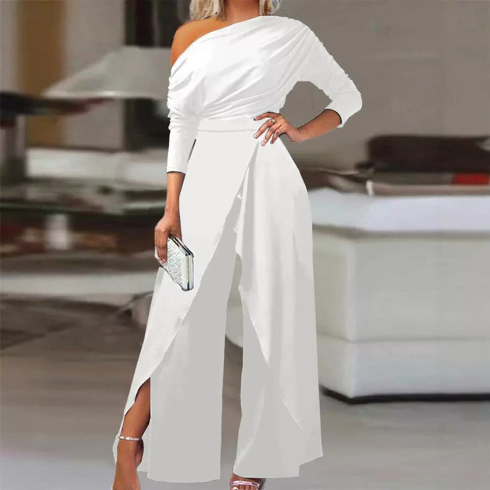 Elegant One-Shoulder Jumpsuit For Women - Chic Party Wear, Formal & Casual Romper, Stretchy Polyester Blend, Plus Size Available