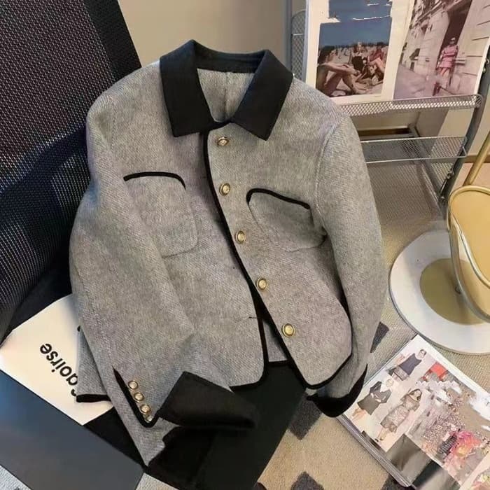 Inspired Tweed Short Jacket – Metallic Button Blazer With Contrast Collar (Beige/Ash Gray)