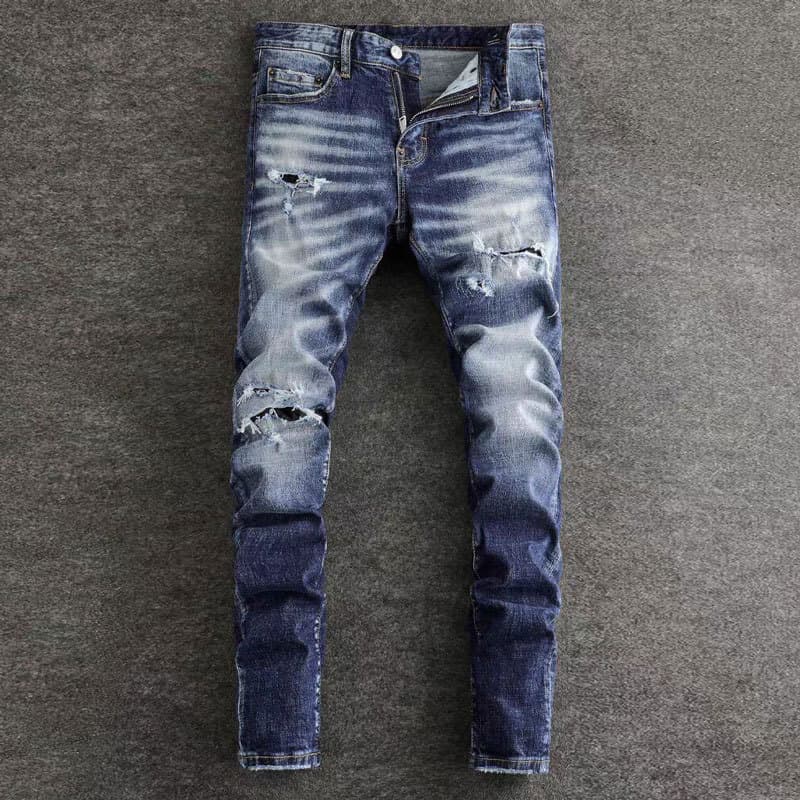 Men's Clothing Fashion Brand Men's Jeans Trendy Retro Blue Washed Ripped Patch Micro Elastic Slim Fit Skinny Pants Men