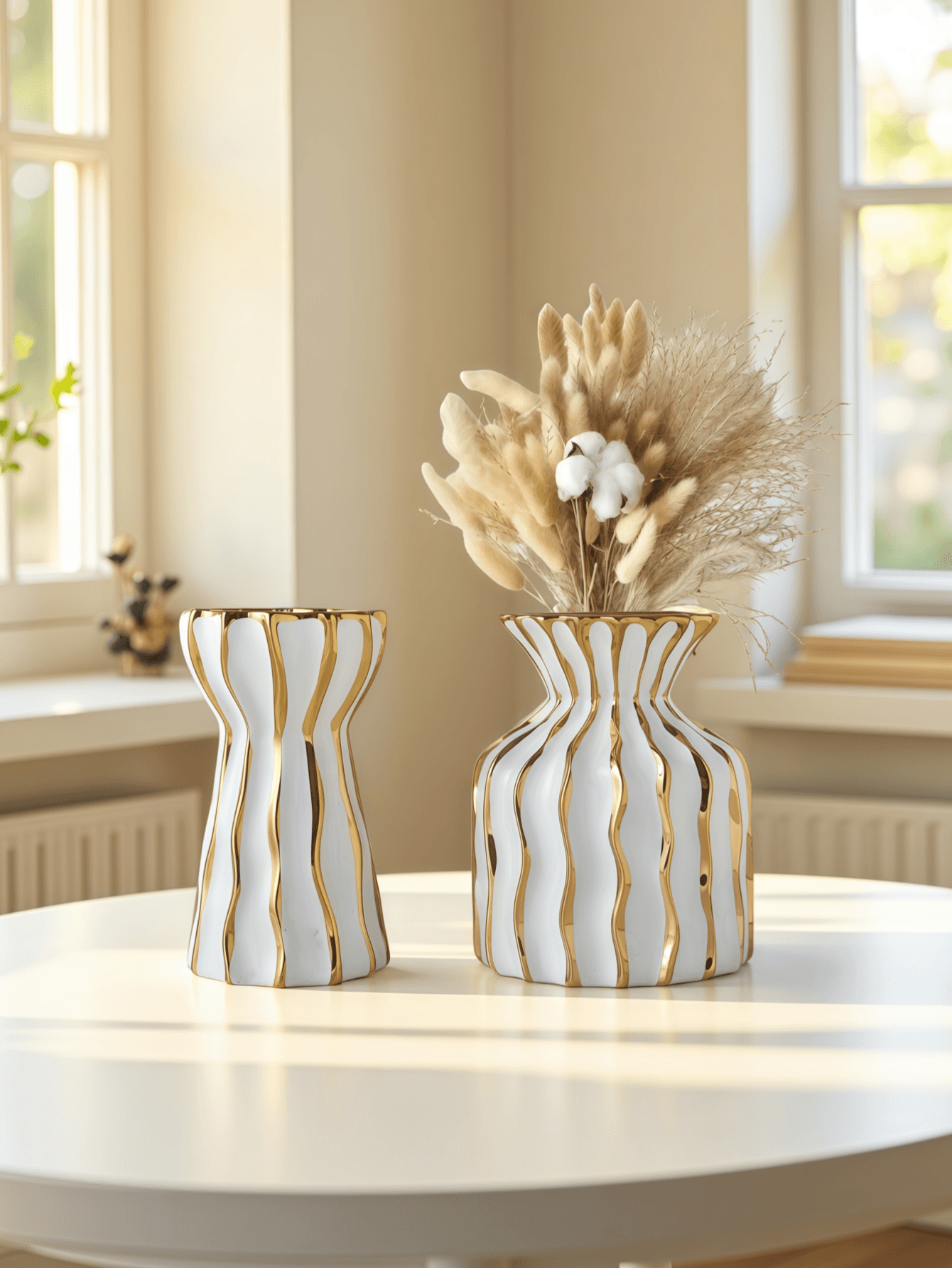 1 vase en céramique léger de luxe à rayures dorées, petit et frais, pouvant être rempli d'eau, vase décoratif multi-scènes