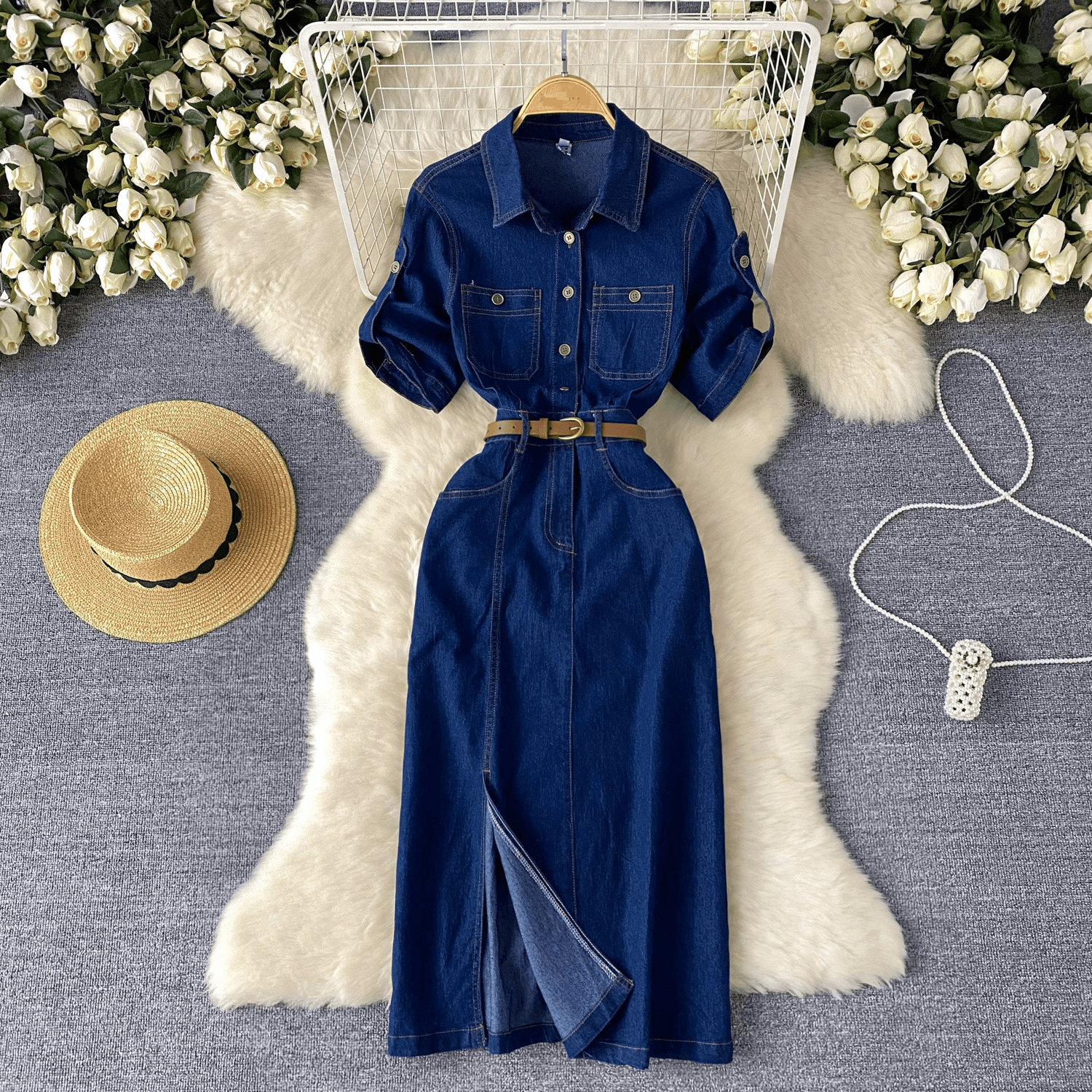 Women's Clothing High End Polo Collar Denim Dress Summer Split Belt Design Niche Temperament Long Skirt