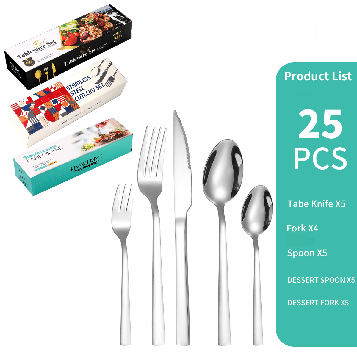 Square Handle Knife Fork And Spoon Five Component Stainless Steel Western Tableware Set Steak Knife Fork And Spoon 20 Piece Set