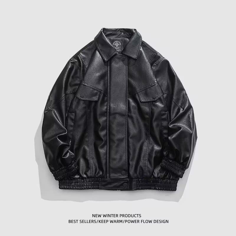 American Trendy Motorcycle PU Leather Men's Spring Casual Loose Collared Couple Jacket Top