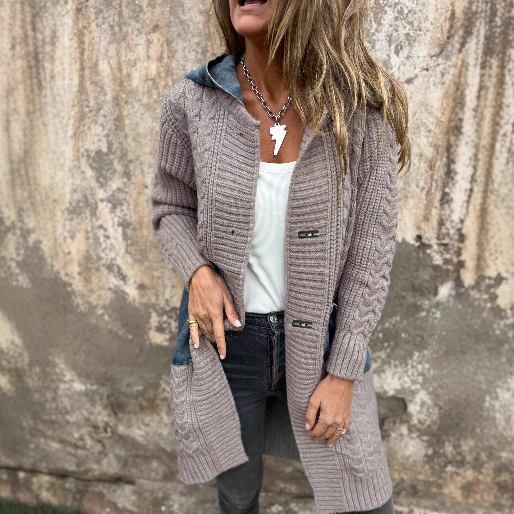 Oversized Denim-Knit Hybrid Jacket – Hooded Longline Cardigan With Raw Edge Detailing
