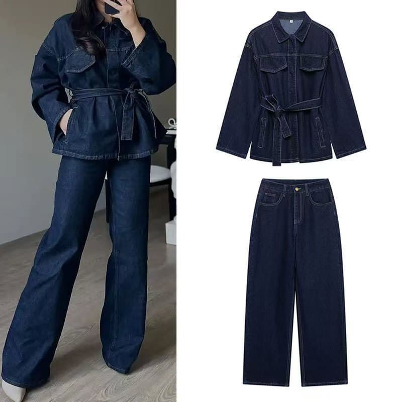 Women's Clothing Casual Suits With Elegant Waist Denim Suit Set – Belted Waist Jacket & Pants (S-XL, Washed Stretch Fabric, Office & Casual Wear)