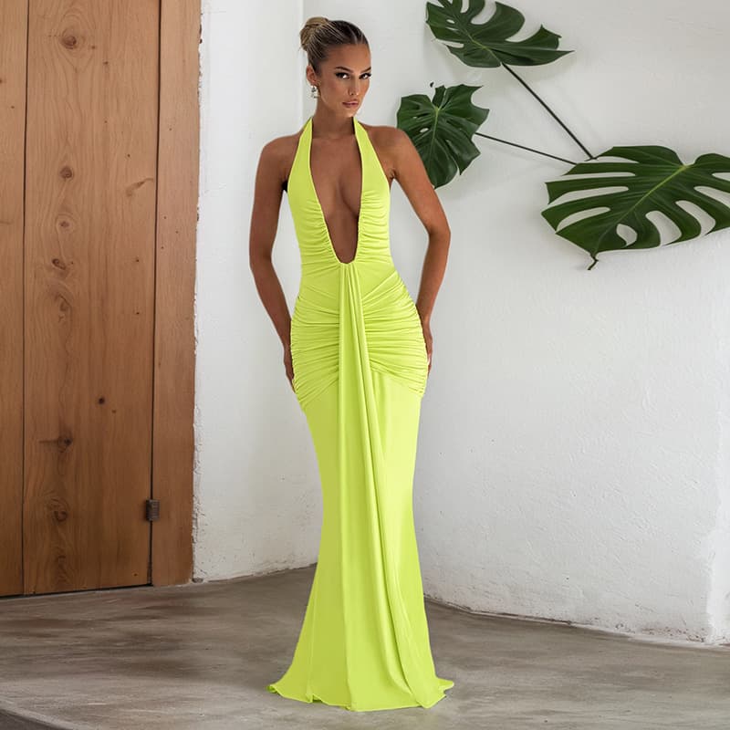Elegant Halter V-Neck Backless Tie Detail Ruffle Midi Dress – Stretchy Bodycon Dress For Women (S-L)