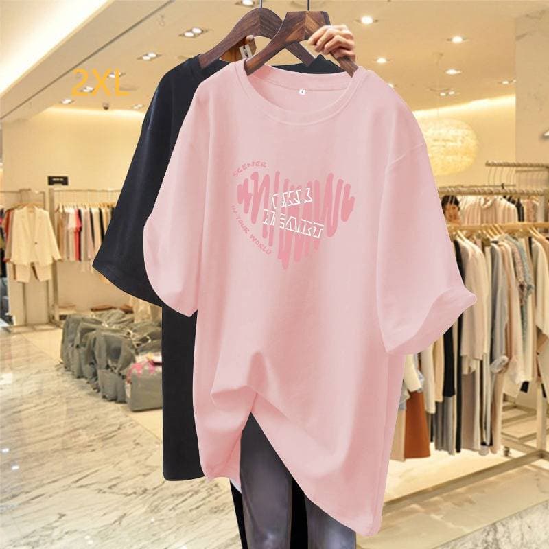 Women's Clothing Plus Size Clothes Pink Cotton T-Shirt Summer Short-Sleeved Heart-Shaped Print Mid-Length Loose Fit Fashionable Casual Wear