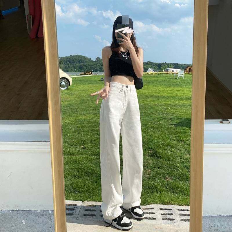 High Waist Straight Leg White Jeans For Women, Flowy Wide Leg Trousers, Stretchy Comfort Fit, Classic Denim Pants, Plus Size Available