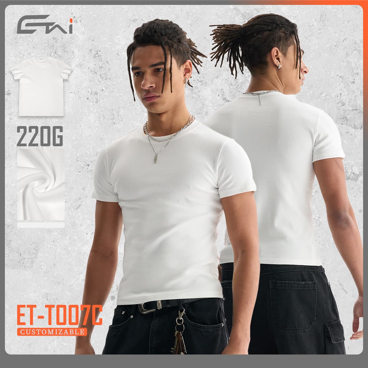 Men's Slim-Fit Ribbed T-Shirt – Cropped Short Sleeve (97% Cotton, Breathable, S-XXL)