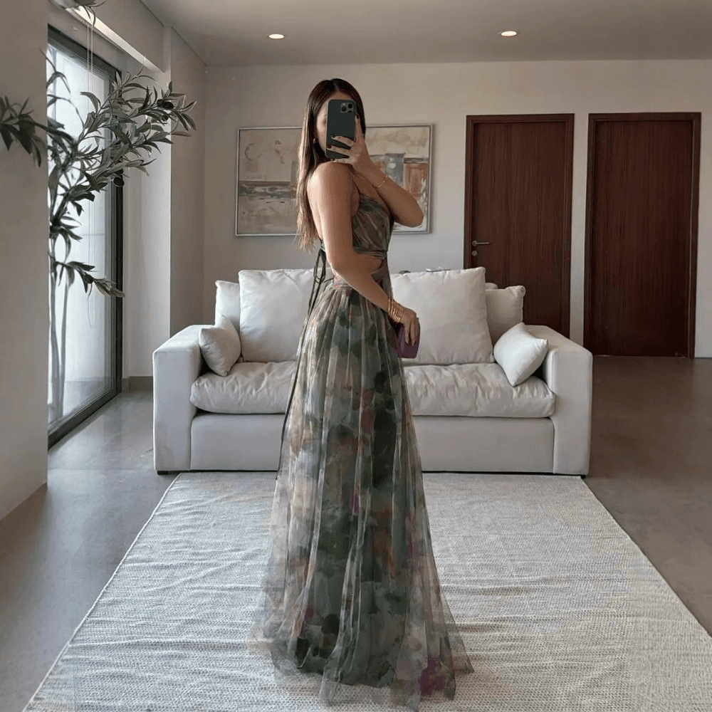 Women's Floral Print Mesh Sleeveless Maxi Dress – V-Neck A-Line Sundress For Vacation, Party, Casual Wear