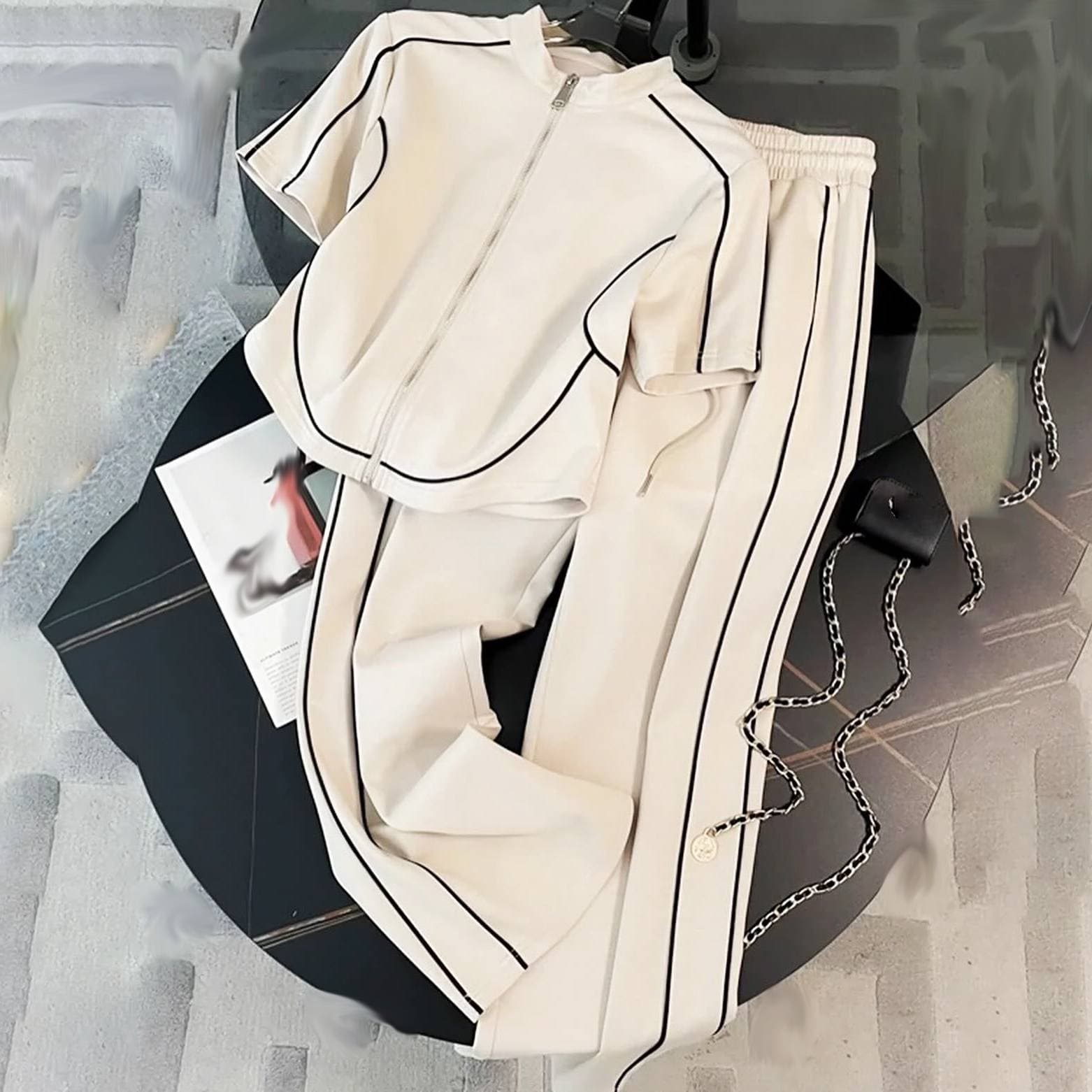 Women's Clothing Casual Sports Suits For Women Summer New Fashion Street Blasting Cardigan Short Sleeved Wide Leg Pants Two Piece Suit
