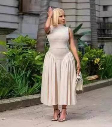 Women's Clothing Summer New Stand Up Collar Temperament Pleated Patchwork Waist Long Skirt Dress Dress
