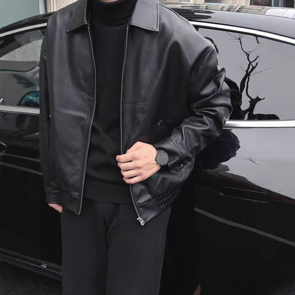 Veste en cuir PU noir pour homme, style rétro, fermeture éclair, col montant, manteau d'extérieur décontracté