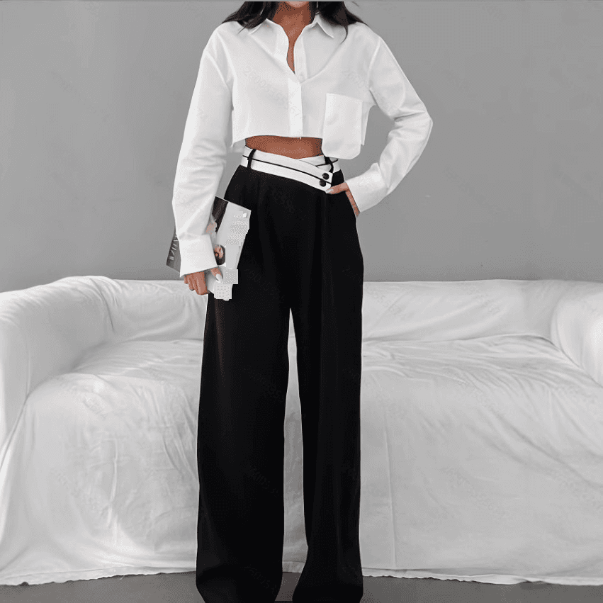Women's Clothing High Waist Temperament Elegant Contrast Color Cross Waist Wide Leg Trousers