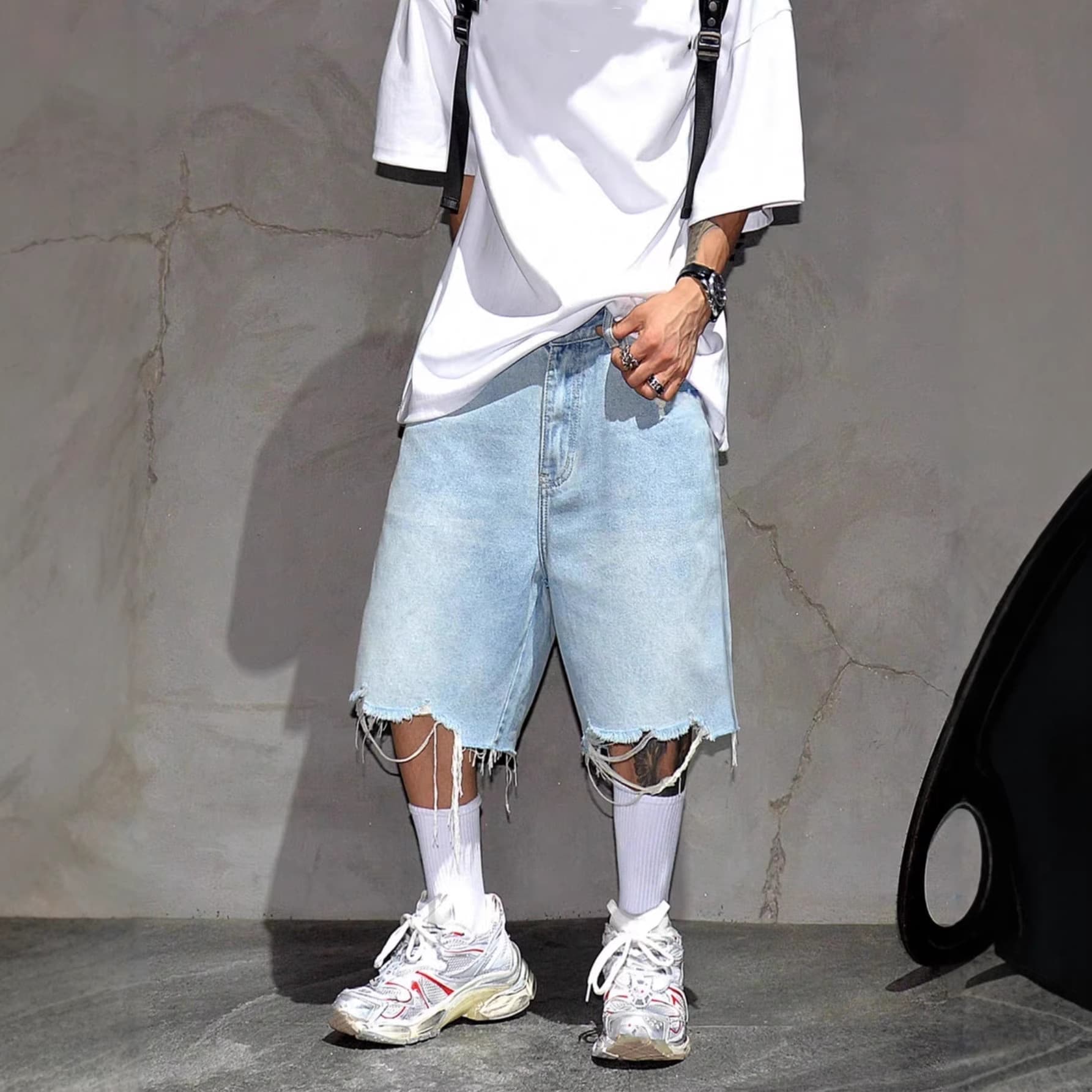 Men's Clothing Trendy Loose Straight Leg Denim Shorts American Style Street Style Five Point Pants Cool