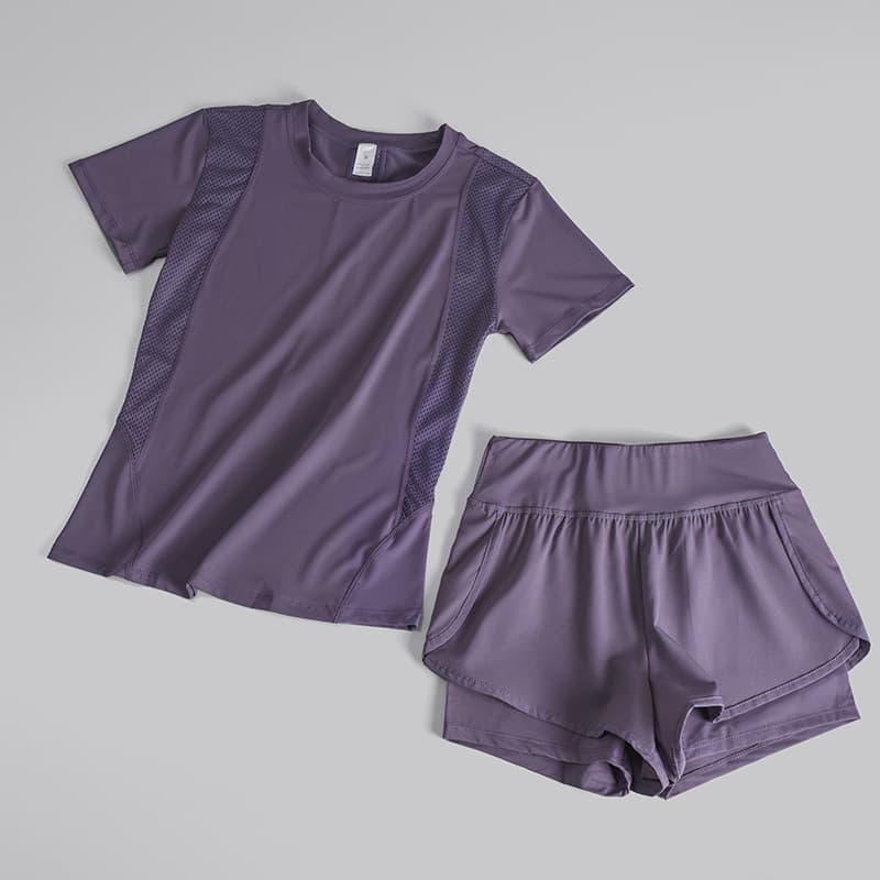 Yoga Sports Suit For Women Running Quick Drying Mesh Breathable Anti Exposure Pocket High Waist Shorts Fitness Short Sleeves