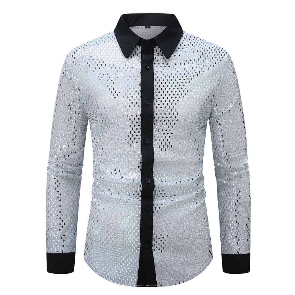 Men's Clothing Foreign Trade New Large Diamond Shaped Nightclub Shirt Men's Performance Costume Design European And American Long Sleeved Lapel Shirt