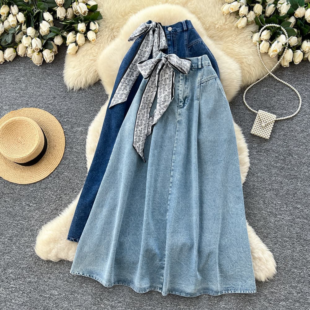 Korean Style Retro Silk Scarf Denim Midi Skirt For Women High Waisted Slimming A-Line Long Skirt Spring Commuting Hong Kong Style