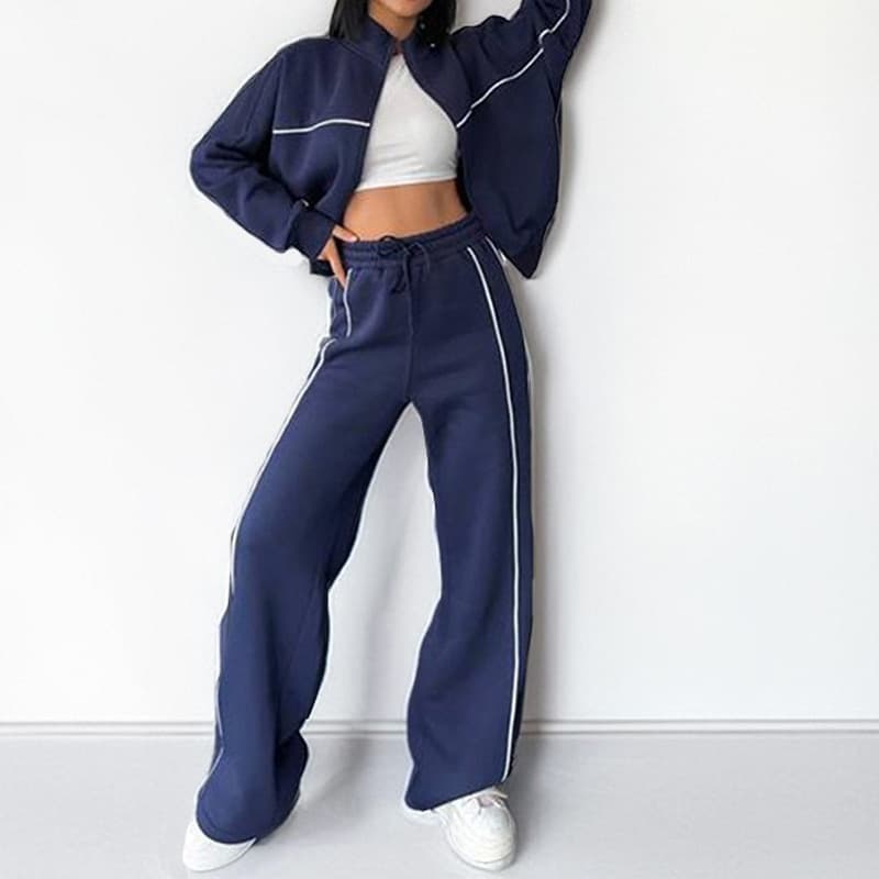 Women's Sports Suit Fashion Casual Age-Reducing Stylish Zipper Sweatshirt Wide-Leg Pants Two-Piece Set