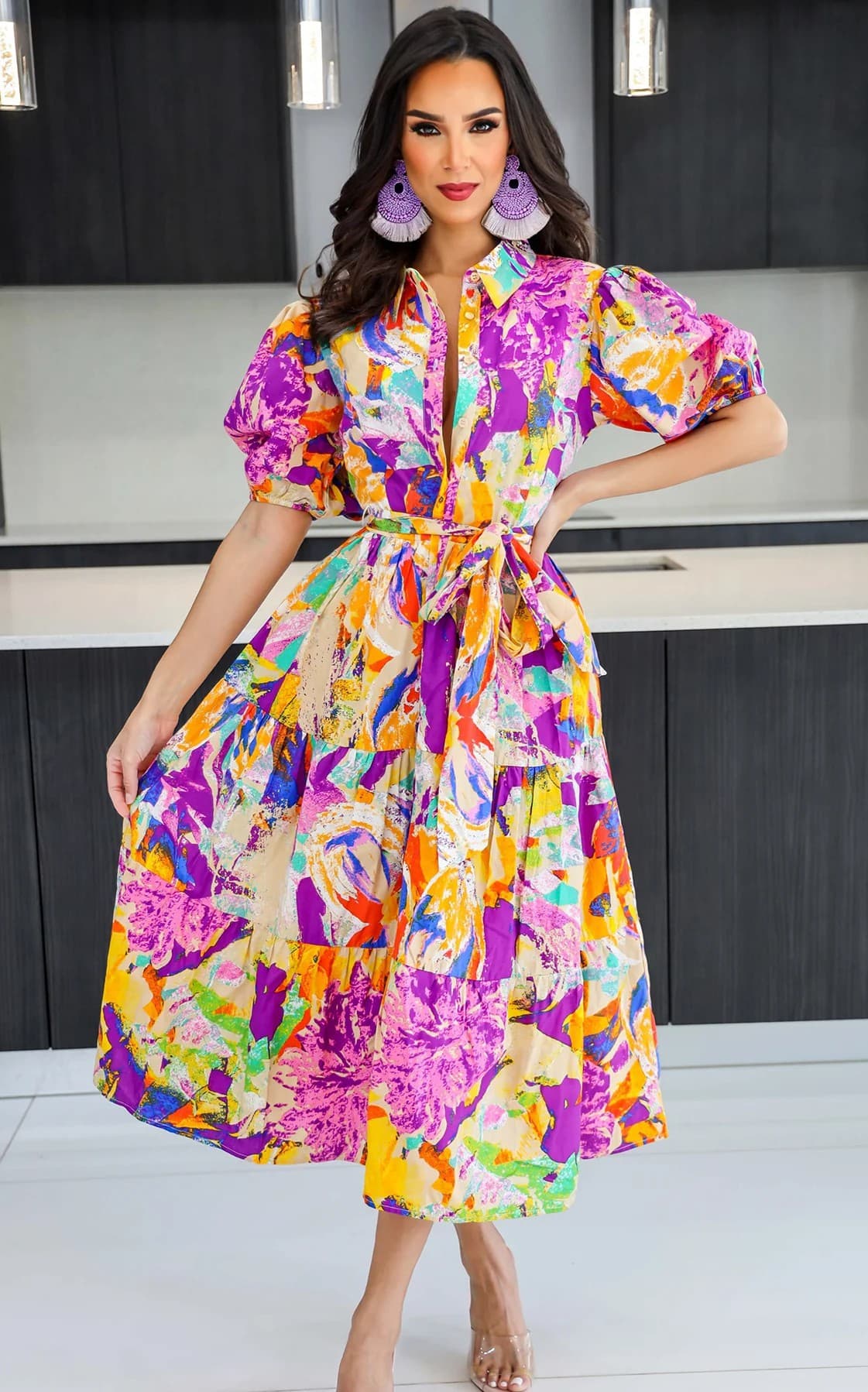 Women's print long skirt shirt style pastoral dress