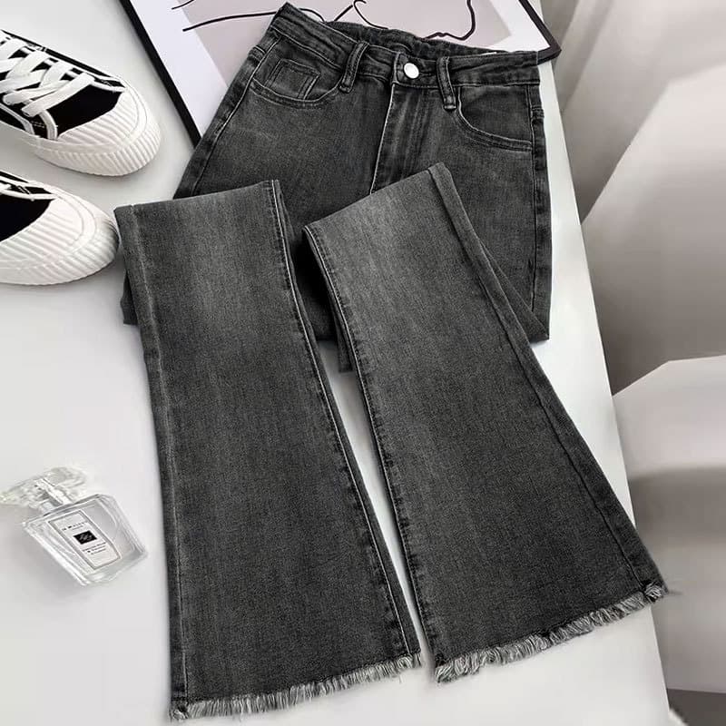 Vintage High Waist Flared Jeans For Women - Stretchy Bootcut Denim Pants With Raw Hem & Distressed Details