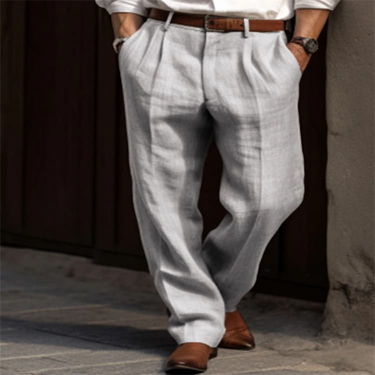 Man's clothing Men's linen trousers double pleated front bag straight cylinder solid color comfortable breathable casual daily fashion